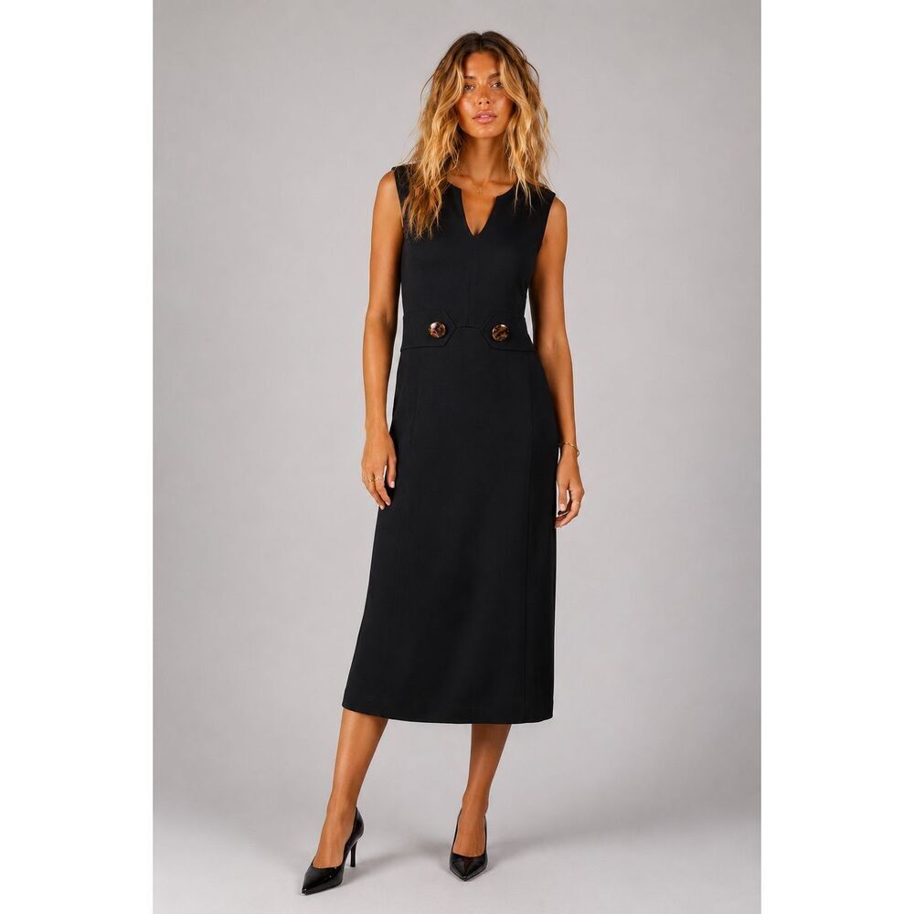 Tory Burch Black Wool Blend Sheath Midi Dress Tortoise Button Detail L/G (115)